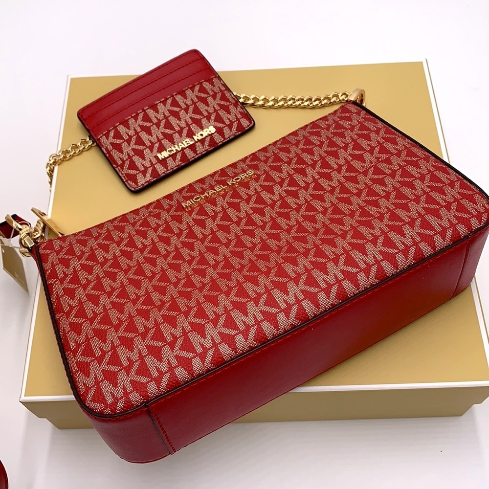 MICHAEL KORS GIFTABLE SHOULDER BAG & CARD HOLDER BOXED SET CHILI PALE GOLD GLITT - Picture 12 of 16